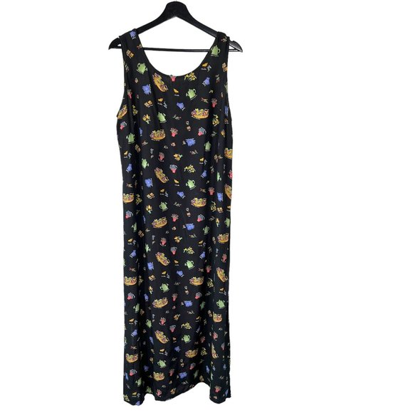 Vintage Dresses & Skirts - Vintage 90s Black Multicolor Garden Print Sleeveless Full Length Dress XL